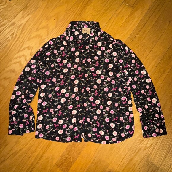 Elie Tahari Women's Small Black Dahlia Floral Long Sleeve Chiffon Blouse - Picture 2 of 8